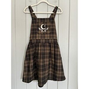 Disturbia Artume Embroidered Check Mini Pinafore Dress 8 Brown Plaid Pockets